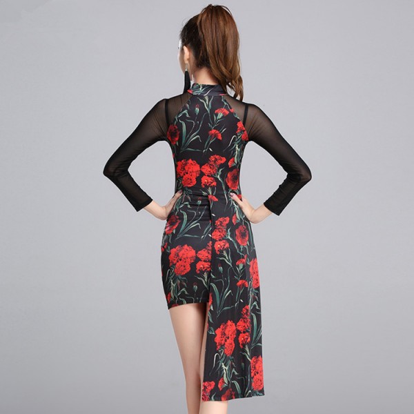 black Red flowers backless latin dance dress women latin dress dancing